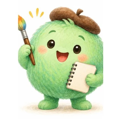 붓과 수첩을 든 초록색 캐릭터 오전도사님